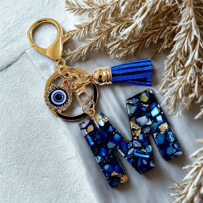 Luxurious Blue Mosaic Letter M Keychain with Evil Eye – PENMATE