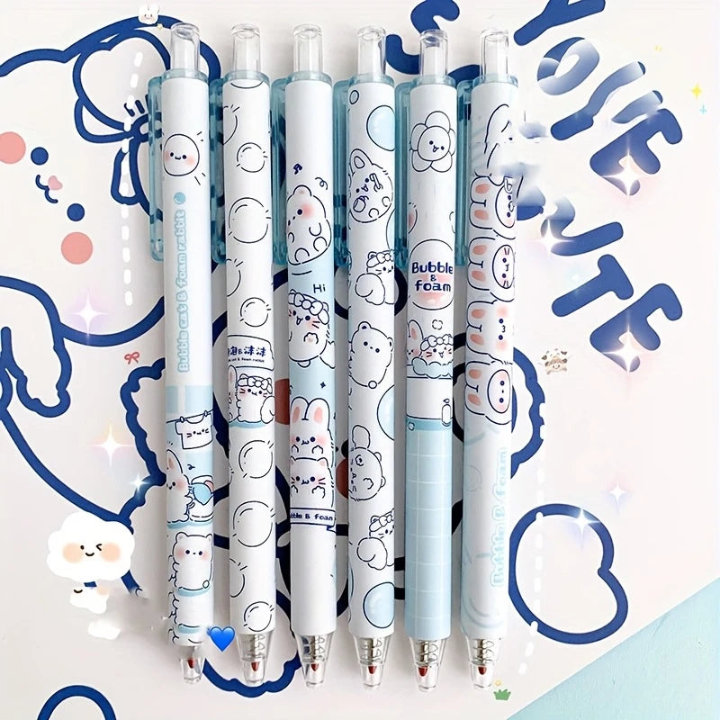 6-pack cute retractable gel pens featuring rabbit and bubble-themed prints