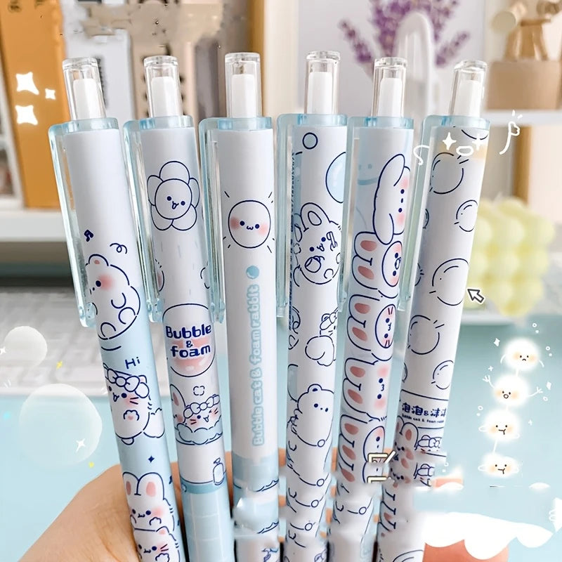 Kawaii rabbit gel pens set with blue and white designs, fine point black ink